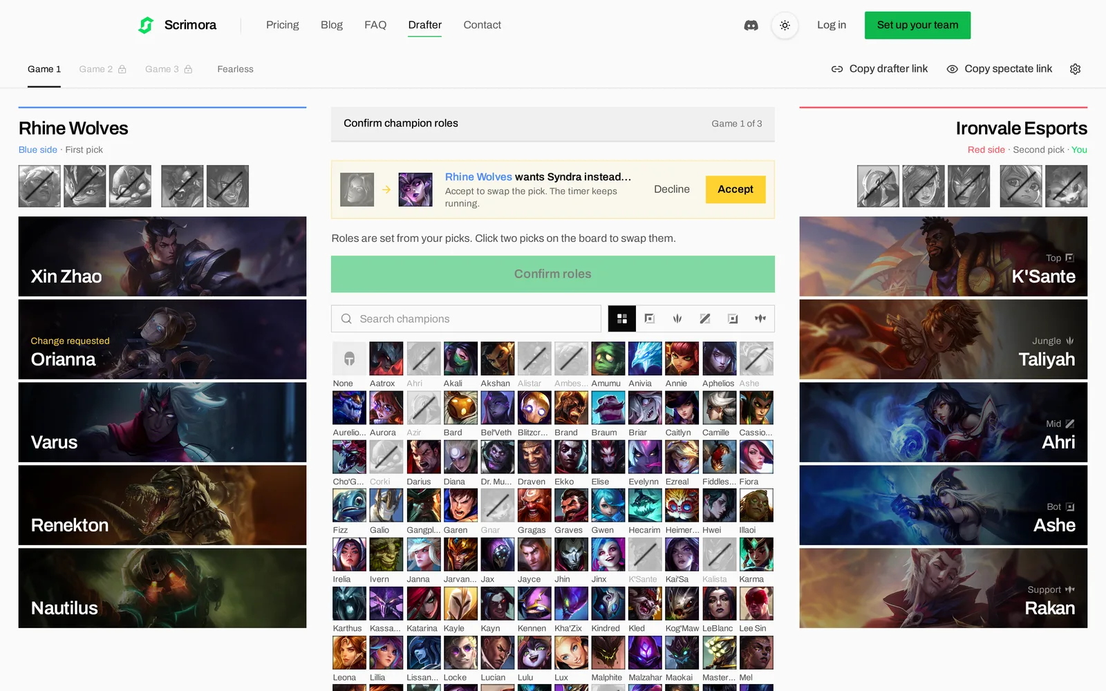 The red side drafter sees "Rhine Wolves wants Syndra instead of Orianna" with Decline and Accept buttons