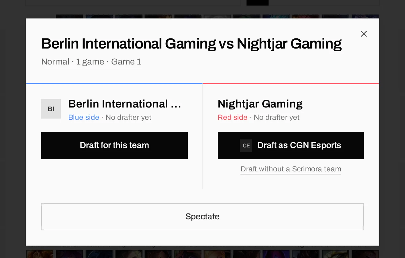The join dialog with "Draft for this team", "Draft as CGN Esports" and "Spectate"