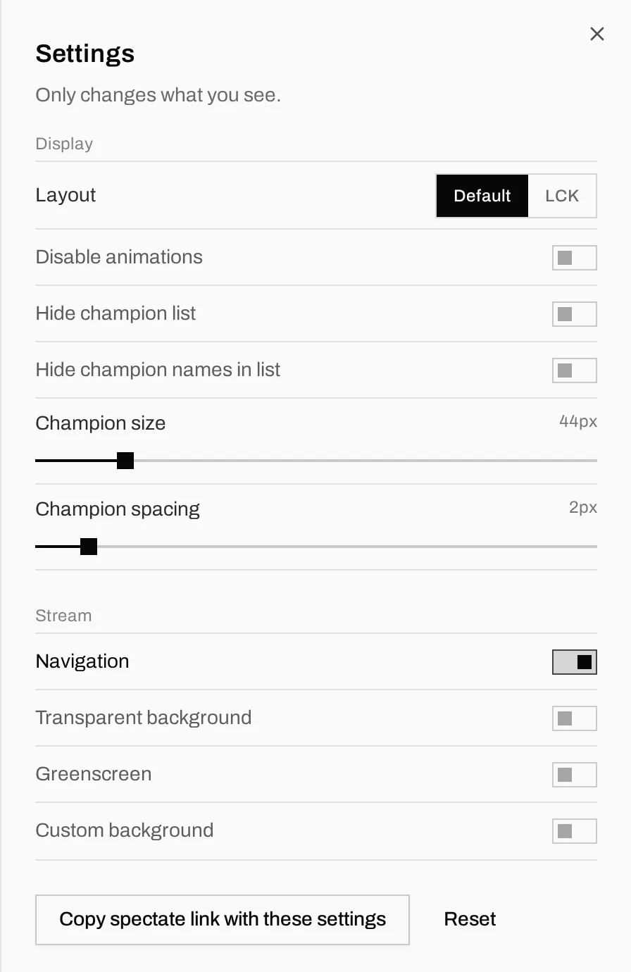 The settings sheet with Layout, Disable animations, Hide champion list, champion size and spacing, and the Stream options