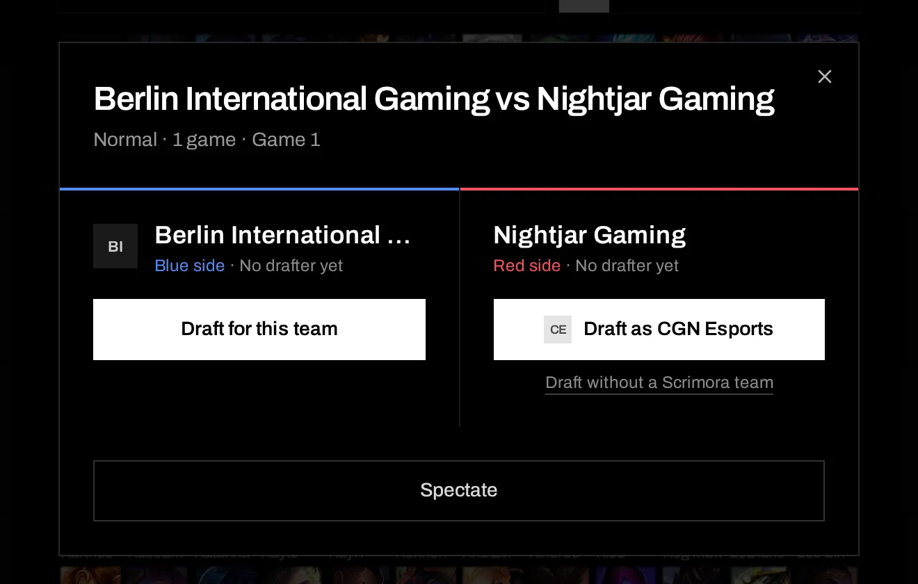 The join dialog with "Draft for this team", "Draft as CGN Esports" and "Spectate"