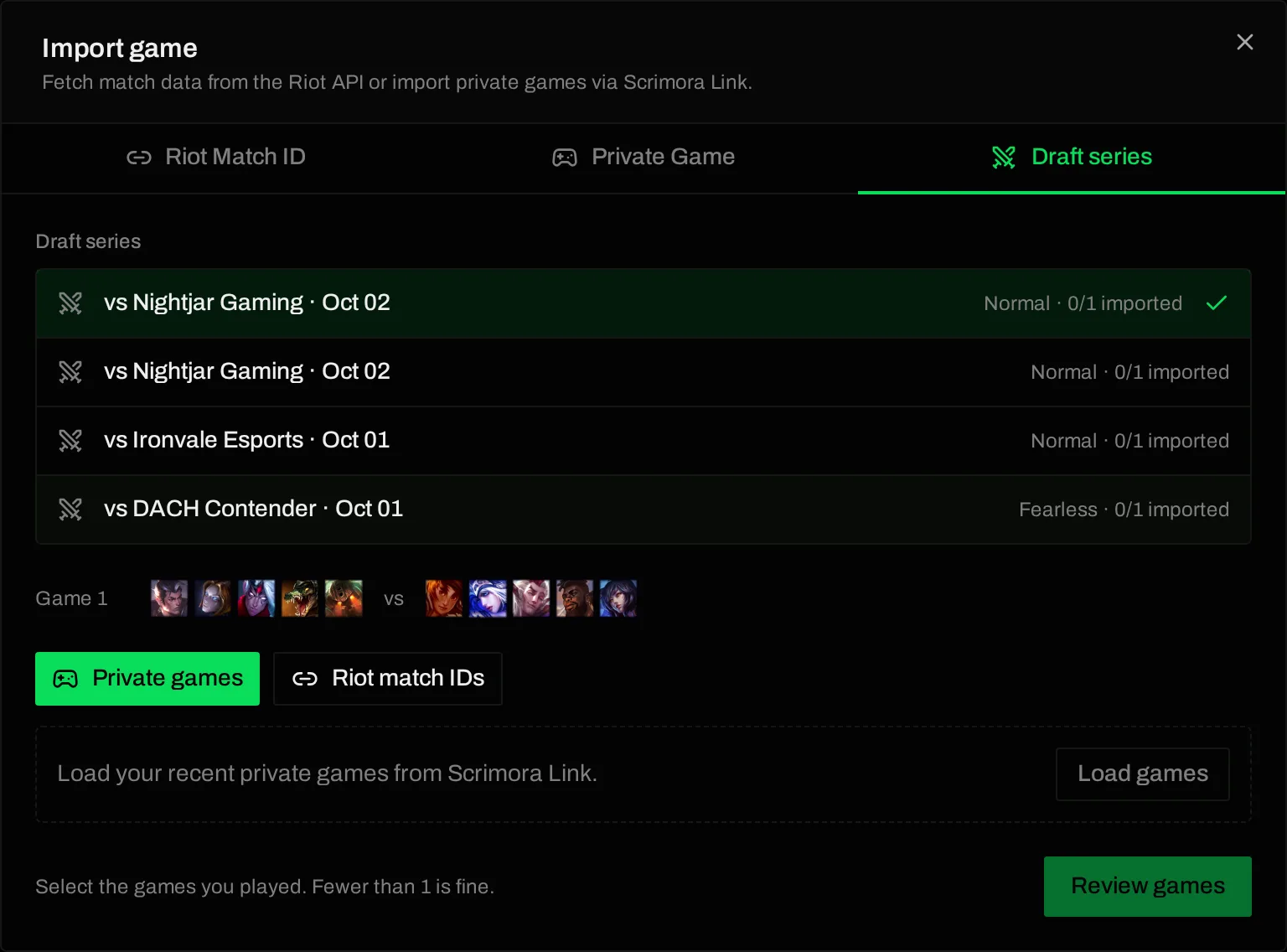 The Draft series tab with three series, the picks of game 1, and the choice between Private games and Riot match IDs
