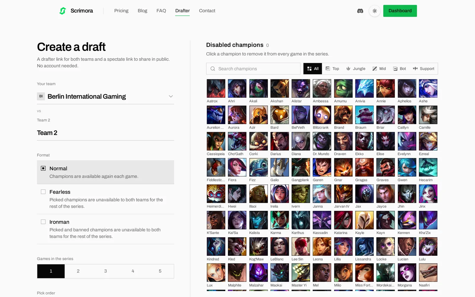 The create page of the drafter with team names, format, games in the series, pick order and the disabled champions grid
