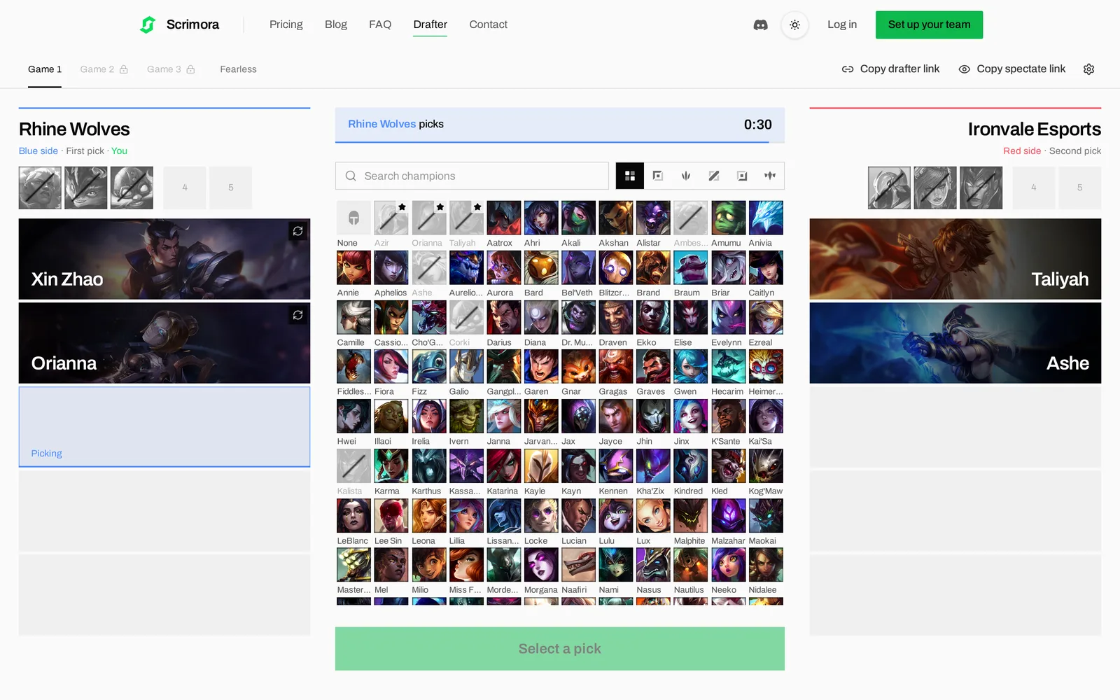 A draft in progress. Rhine Wolves picks, three bans per team are done, and the timer shows 30 seconds