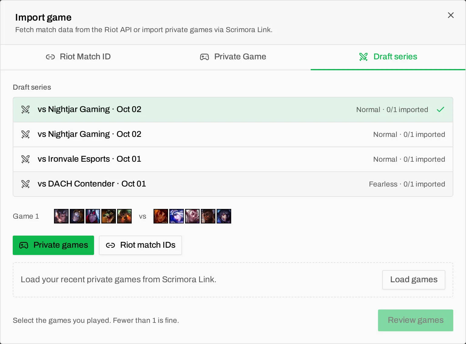 The Draft series tab with three series, the picks of game 1, and the choice between Private games and Riot match IDs