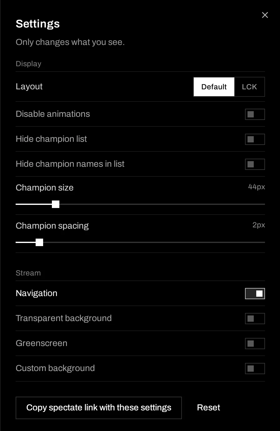 The settings sheet with Layout, Disable animations, Hide champion list, champion size and spacing, and the Stream options