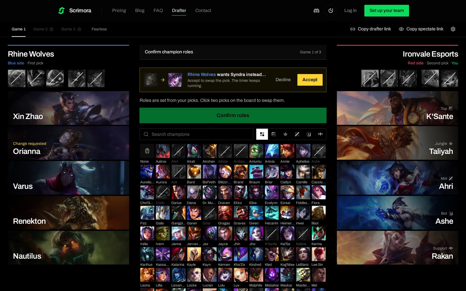 The red side drafter sees "Rhine Wolves wants Syndra instead of Orianna" with Decline and Accept buttons