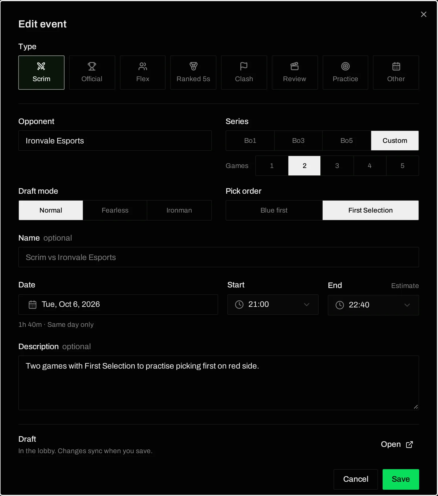 The edit event dialog with opponent Ironvale Esports, a custom series of two games, Normal draft mode, First Selection, and a Draft row that says In the lobby