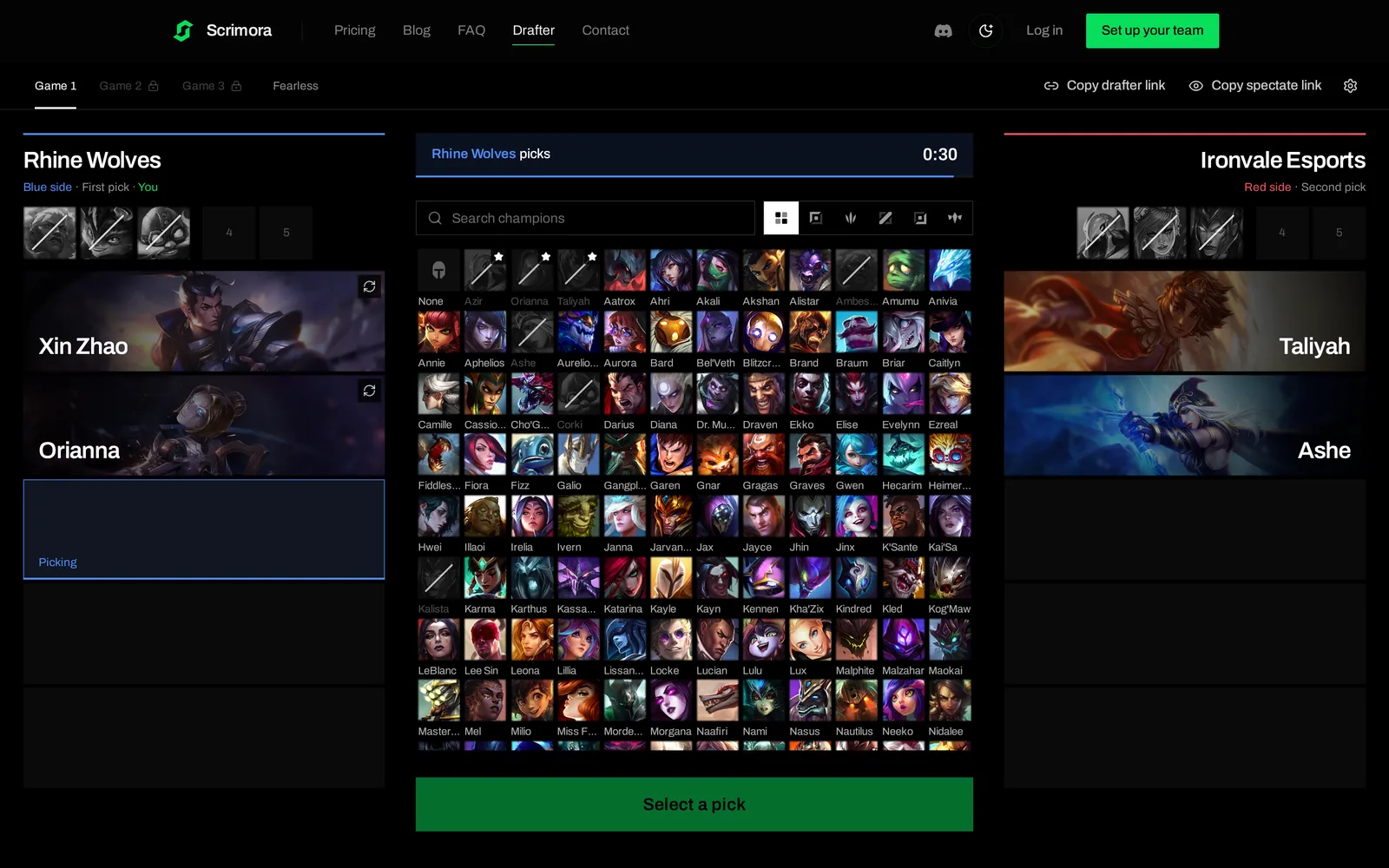 A draft in progress. Rhine Wolves picks, three bans per team are done, and the timer shows 30 seconds