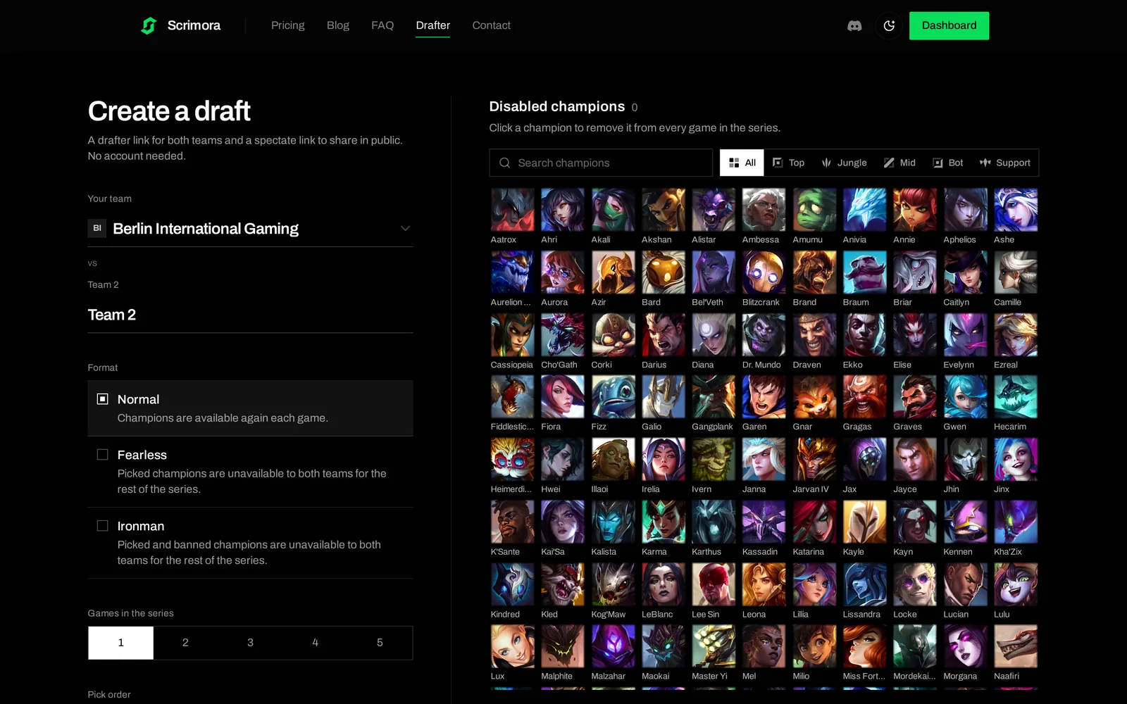 The create page of the drafter with team names, format, games in the series, pick order and the disabled champions grid